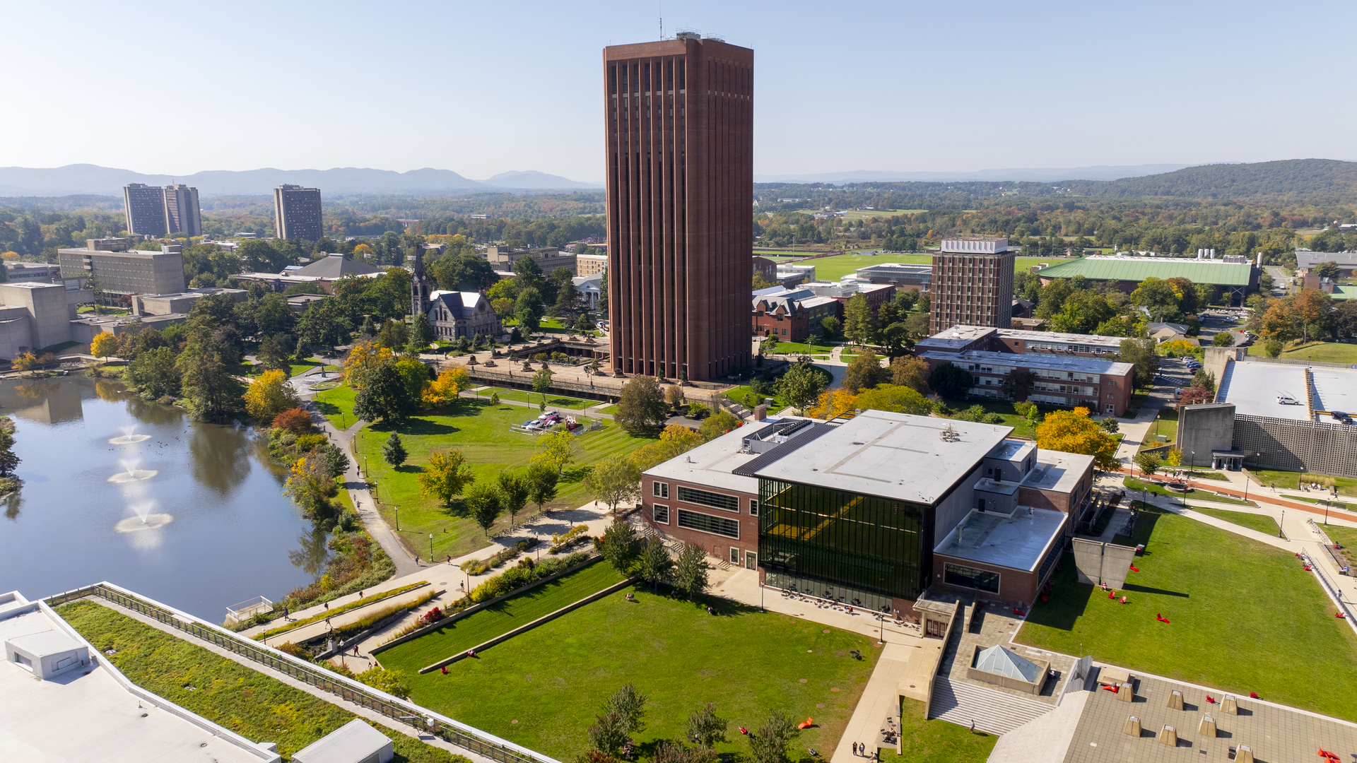 Aerial view of the University of Massachusetts Amherst campus